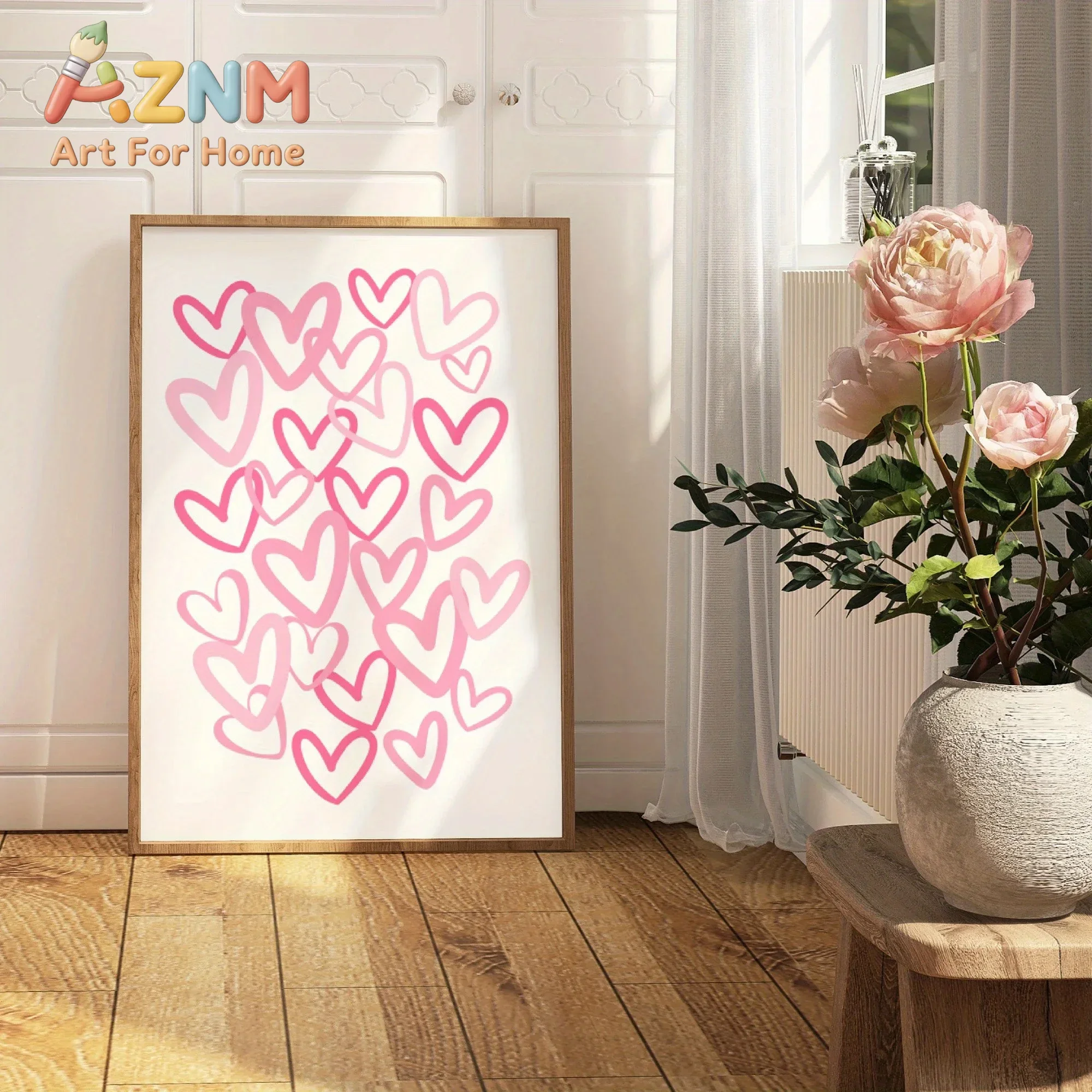 Home Office Room Inspiration - 세련된 핑크색 하트 무늬 캔버스 액자,