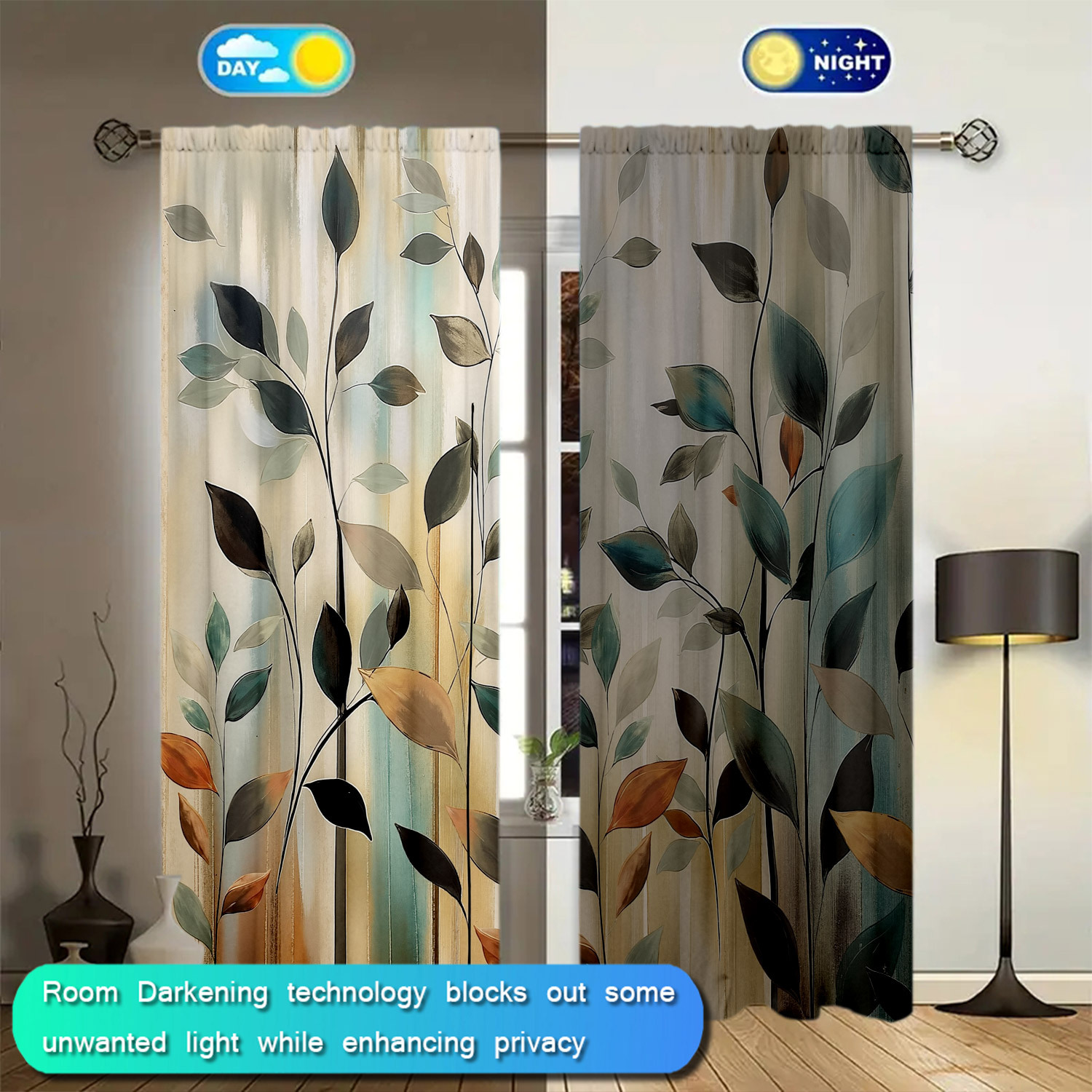 2개의 패널로 된 추상적인 나뭇잎 프린트 커튼, 모던  - Home Office Room Inspiration 리뷰 및 가격